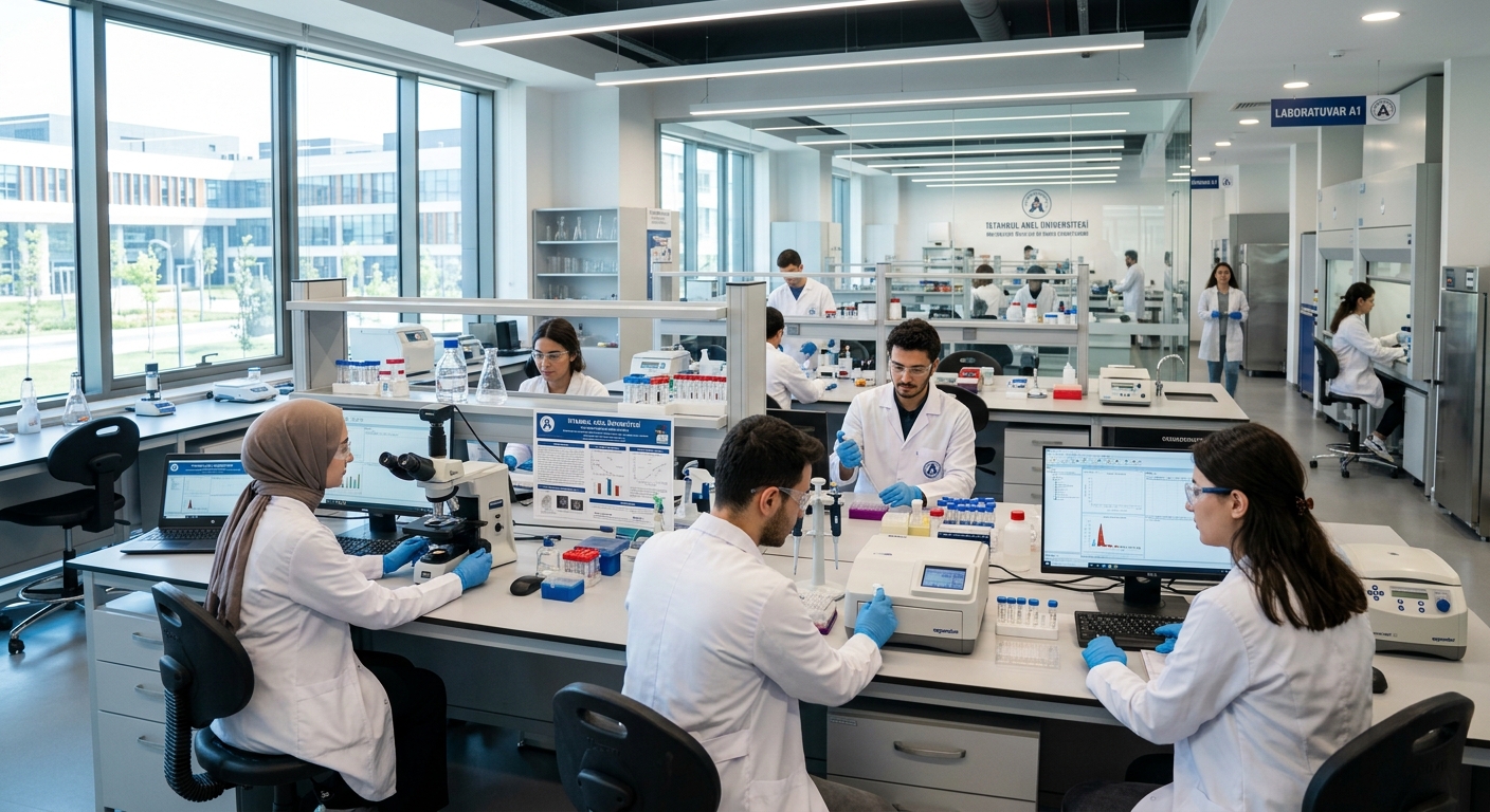 Istanbul Arel University modern laboratory interior, students working with scientific equipment, bright lighting, technology-equipped workspace