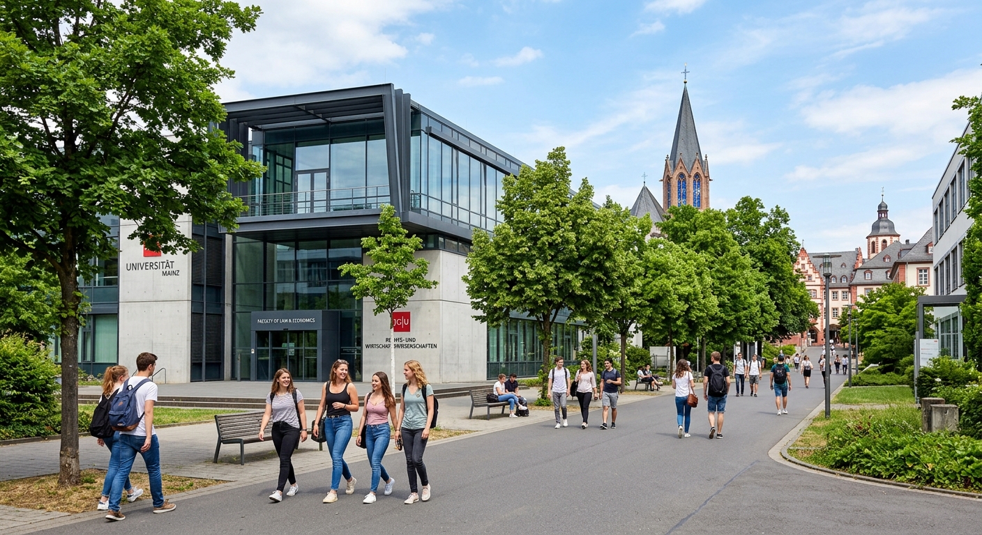 Johannes Gutenberg University Mainz campus with modern Faculty of Law building, students walking along tree-lined pathways, historic German architecture in the background, sunny day in Rhineland-Palatinate