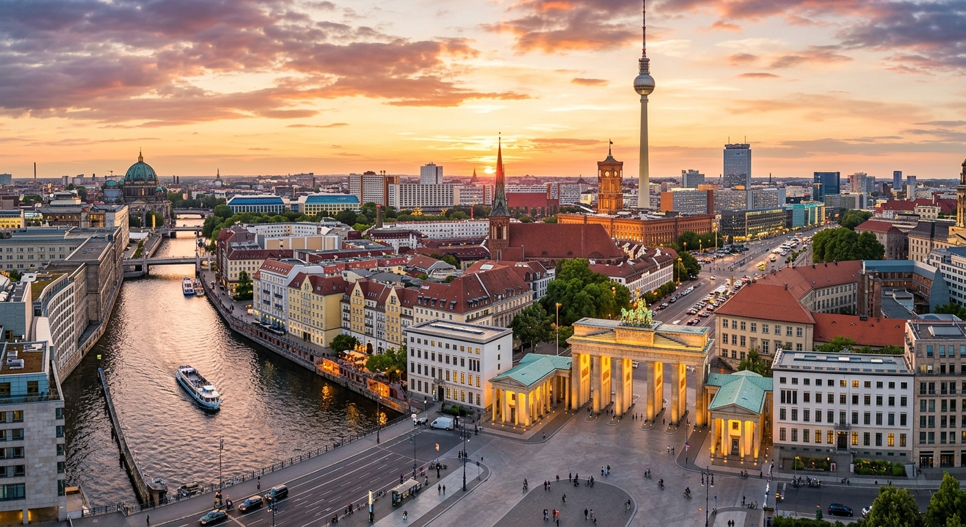 Berlin cityscape at golden hour showing the Brandenburg Gate, television tower, and Spree River with modern and historic architecture blending together