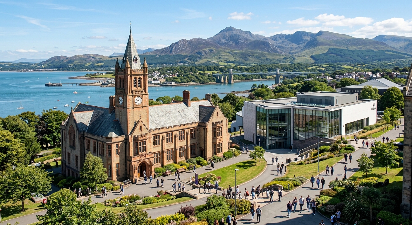 Bangor University campus with the historic Prichard Jones Hall and Pontio arts centre, surrounded by the mountains of Snowdonia and the Menai Strait coastline in North Wales, students walking between buildings on a sunny day
