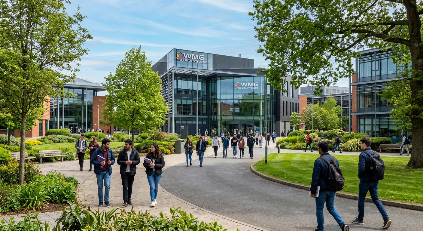 Modern University of Warwick campus with the WMG Cyber Security Centre building, students walking on pathways surrounded by greenery, contemporary architecture with glass facades, bright daylight