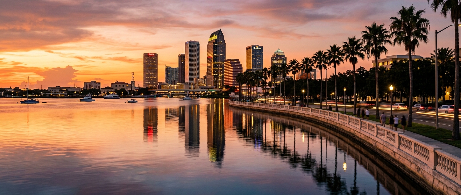 Panoramic view of Tampa Bay waterfront at sunset, downtown Tampa skyline reflecting on calm water, palm trees silhouetted, Bayshore Boulevard visible, warm golden light