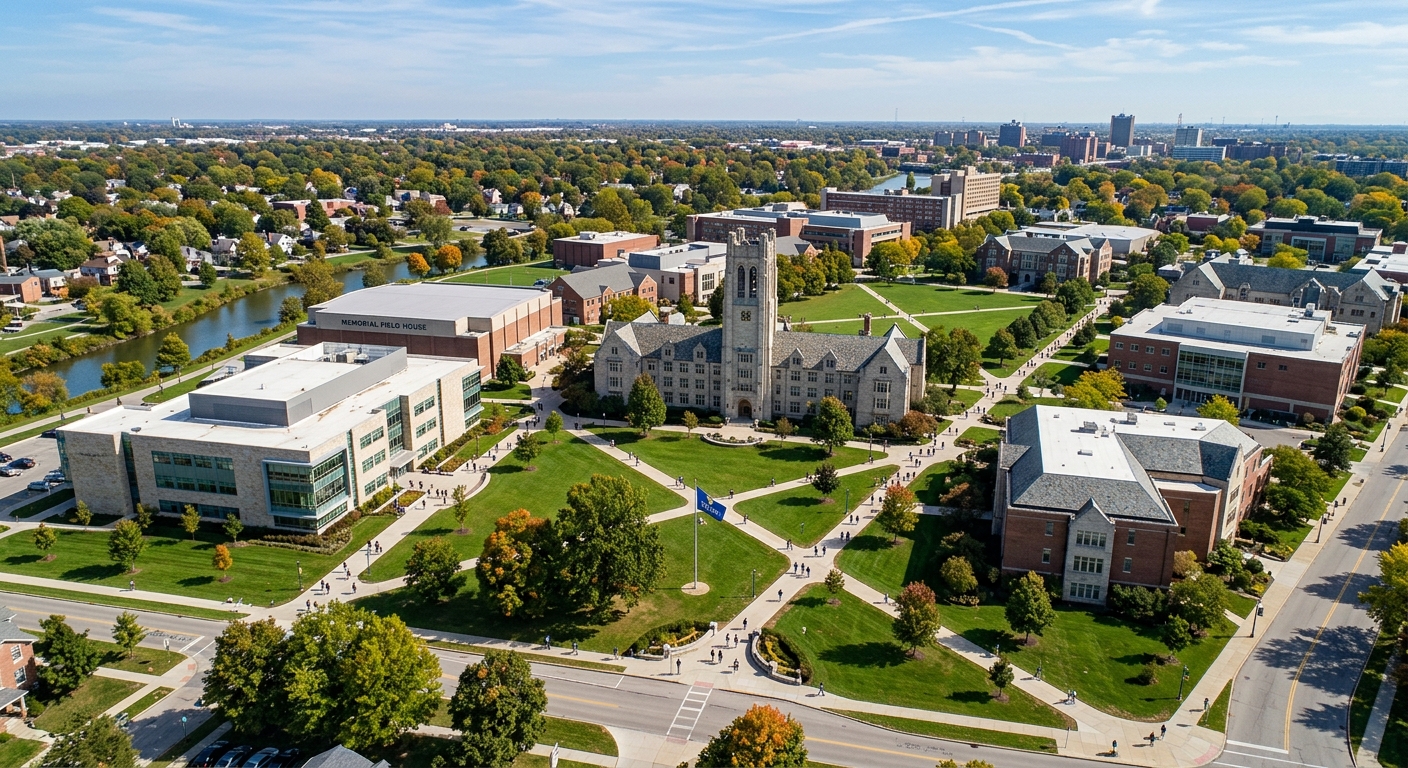 University of Toledo campus aerial view showing modern academic buildings surrounded by green lawns and mature trees in Toledo Ohio, with students walking along pathways on a sunny day
