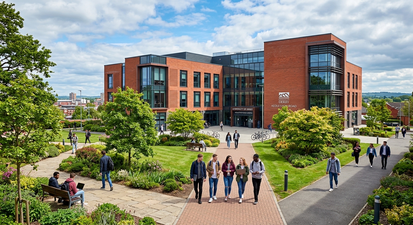Modern University of Derby campus building with red brick architecture, students walking through the courtyard, green landscaped gardens, bright daylight with partly cloudy sky over Derby, England