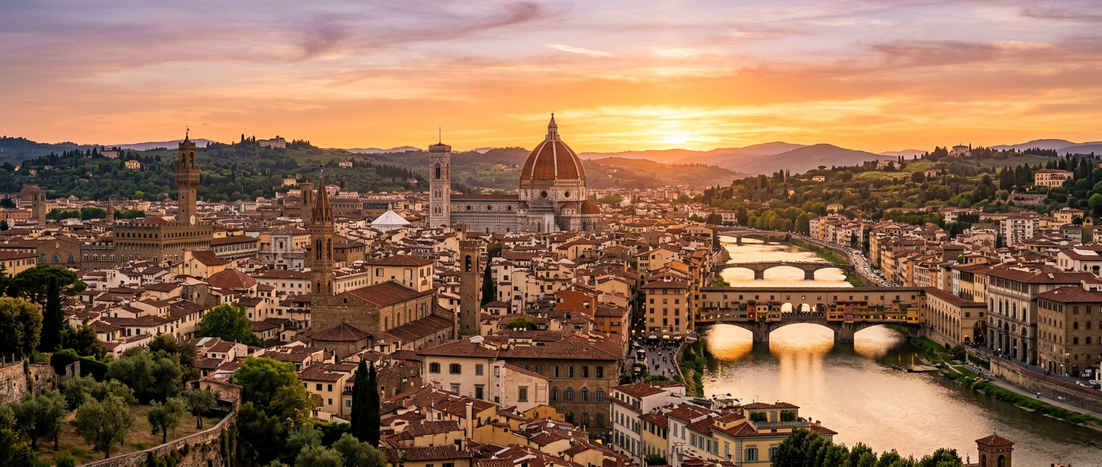 Panoramic sunset view of Florence Italy skyline featuring the Duomo cathedral, Ponte Vecchio bridge over the Arno River, terracotta rooftops, Tuscan hills in the background, warm golden light