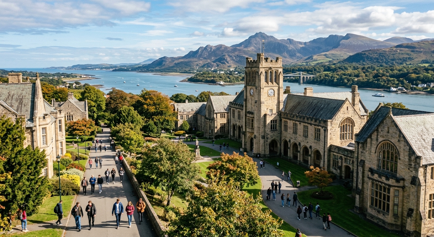 Bangor University campus with historic stone buildings set against the backdrop of Snowdonia mountains and the Menai Strait, North Wales coastline visible in the distance, students walking along tree-lined paths