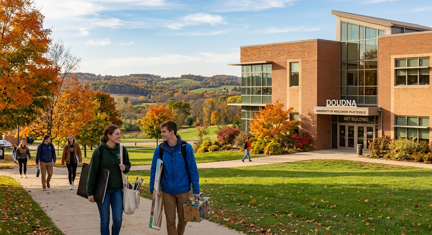 University of Wisconsin-Platteville Art Building exterior with students carrying art supplies, green campus lawn, rolling hills of southwestern Wisconsin in the background, warm autumn light