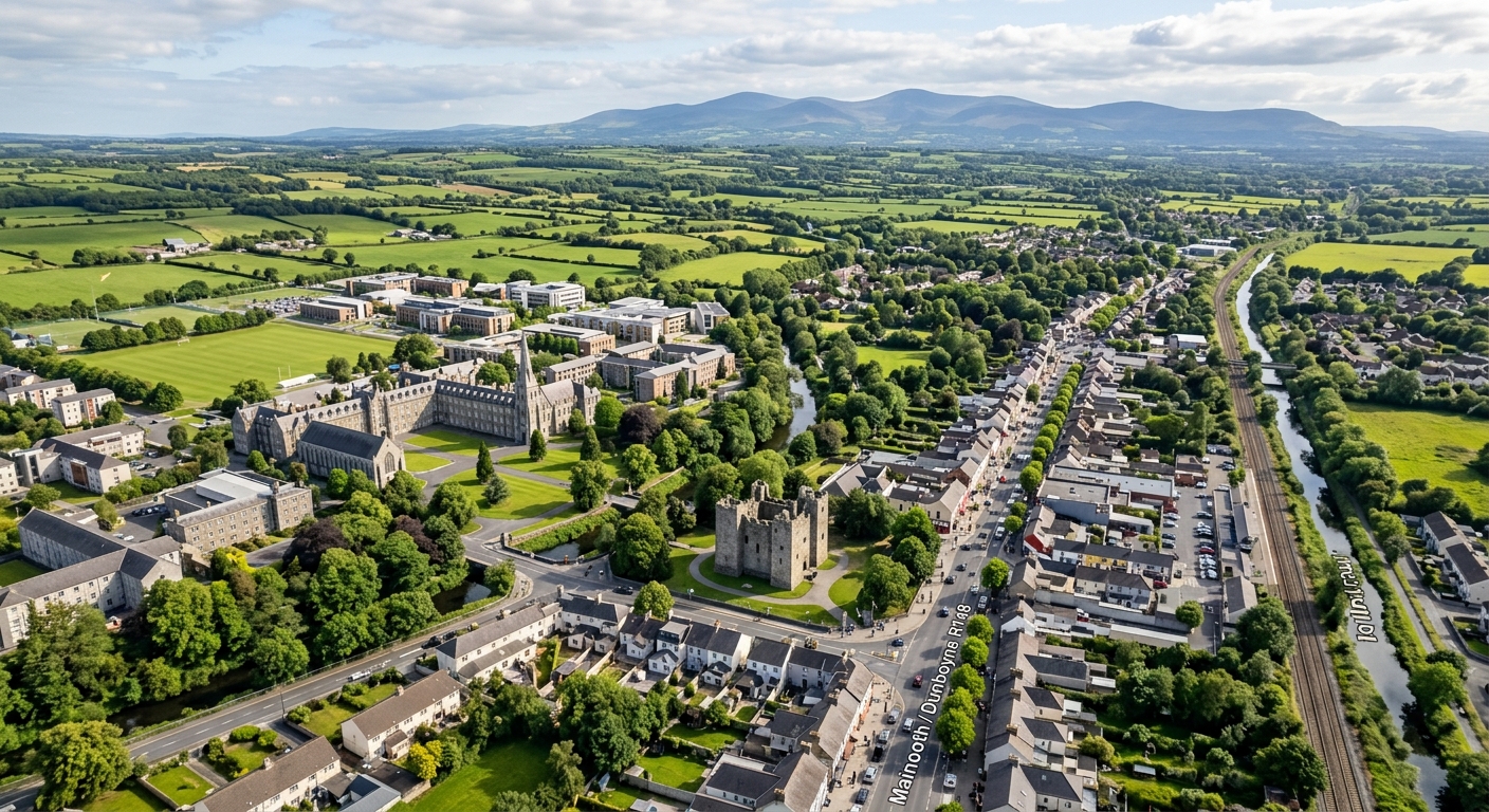Aerial view of Maynooth town in County Kildare Ireland showing the university campus, historic castle ruins, tree-lined main street, surrounding green countryside, with Dublin mountains visible in the distance