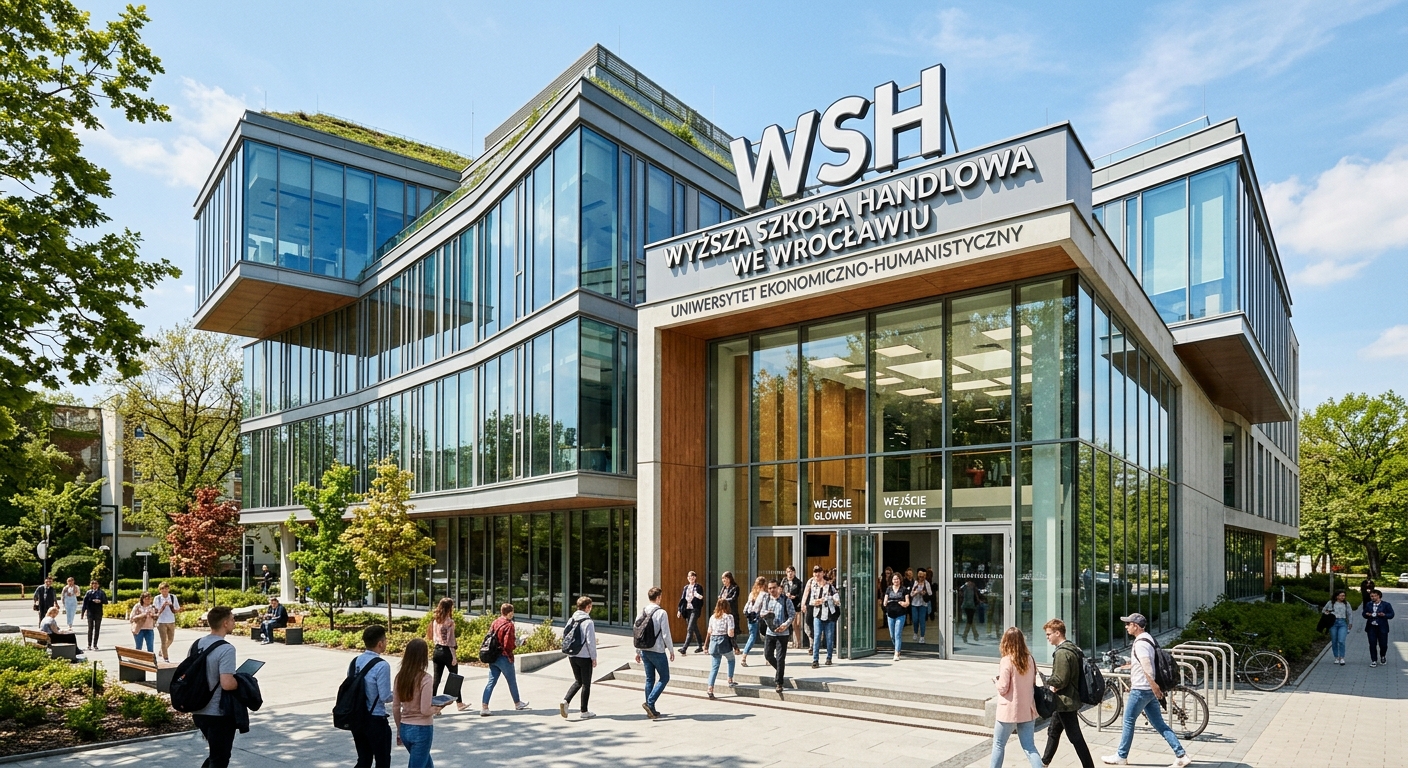 Modern WSH Wroclaw campus building exterior, contemporary architecture with large windows, university signage visible, students entering through the main entrance on a sunny day