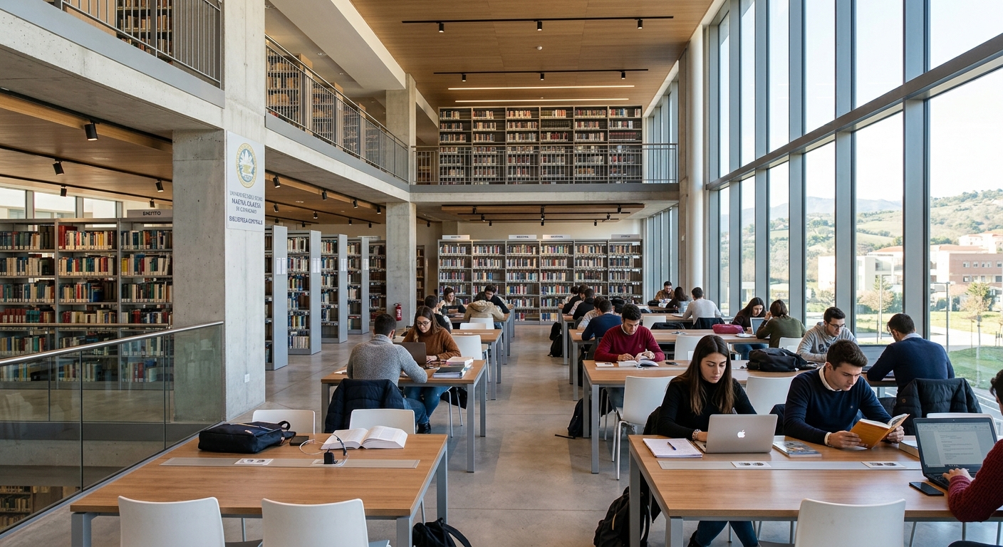 University library interior at Magna Graecia University, students studying at modern desks, tall bookshelves, natural light through large windows, contemporary Italian academic setting