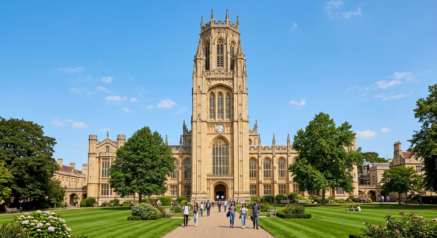Wills Memorial Building at University of Bristol, a grand neo-Gothic tower in honey-coloured stone with ornate windows and spires, set against a clear sky with green lawns in the foreground