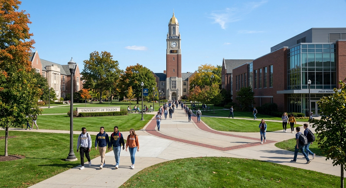 University of Toledo campus with modern brick buildings, green lawns, and students walking along pathways, with the iconic UToledo clock tower visible against a clear blue sky in Toledo, Ohio