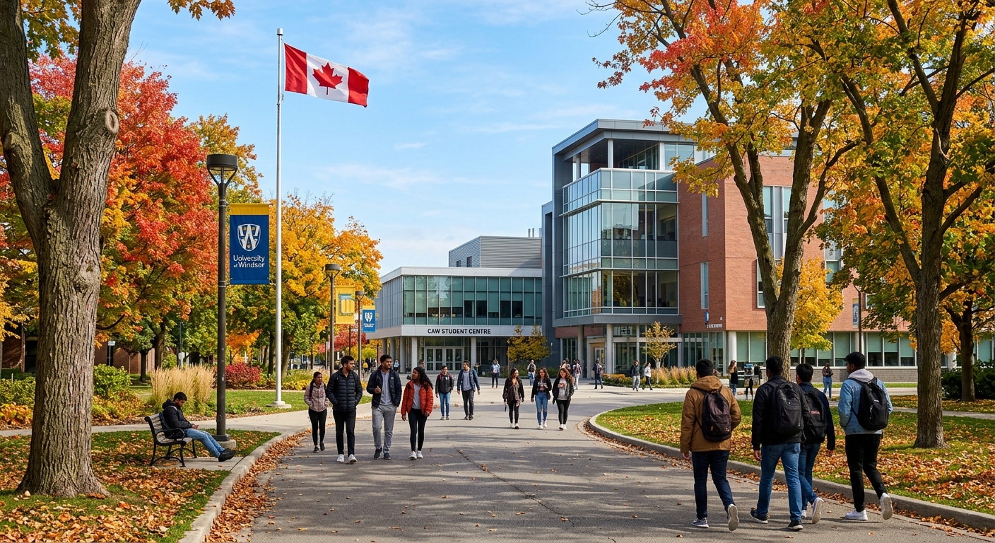 University of Windsor campus with modern academic buildings, students walking along tree-lined pathways, Canadian flag visible, bright autumn day with clear sky in Windsor Ontario
