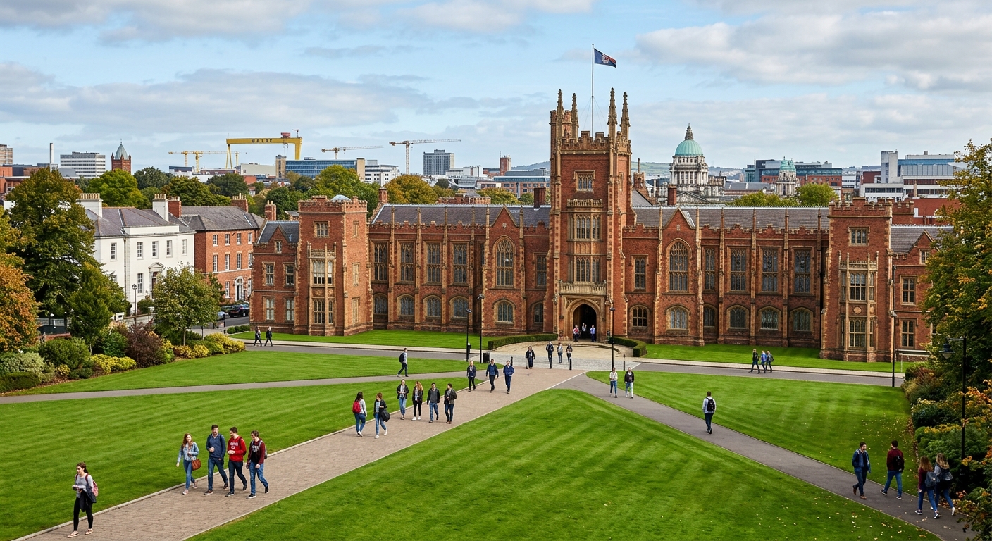 Queen's University Belfast historic red-brick Lanyon Building with green lawns in foreground, students walking on campus paths, Belfast cityscape visible in background under partly cloudy sky