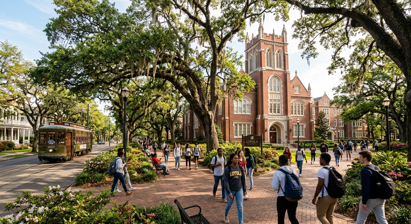 Loyola University New Orleans historic campus with oak-lined St. Charles Avenue, red-brick Marquette Hall, students walking along tree-shaded pathways, warm Louisiana sunlight, vibrant campus atmosphere