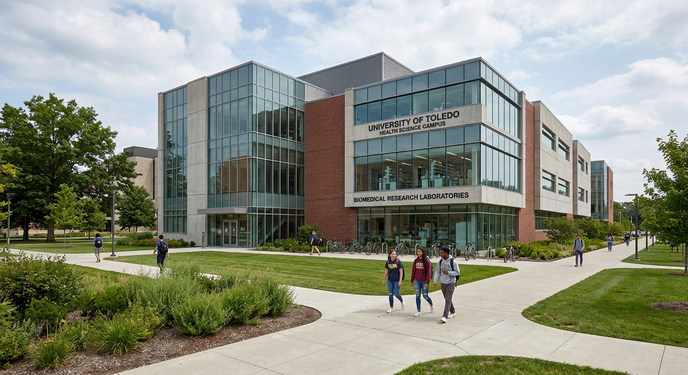 University of Toledo Health Science Campus building exterior with modern biomedical research laboratories, green campus grounds, students walking along pathways in Toledo Ohio