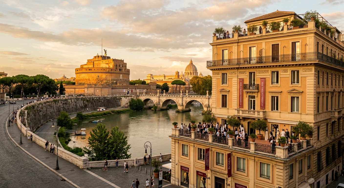 Accademia Costume e Moda historic campus building overlooking the Tiber River with Castel Sant'Angelo in the background, warm golden hour light, Rome Italy, elegant early 20th century architecture with panoramic terraces