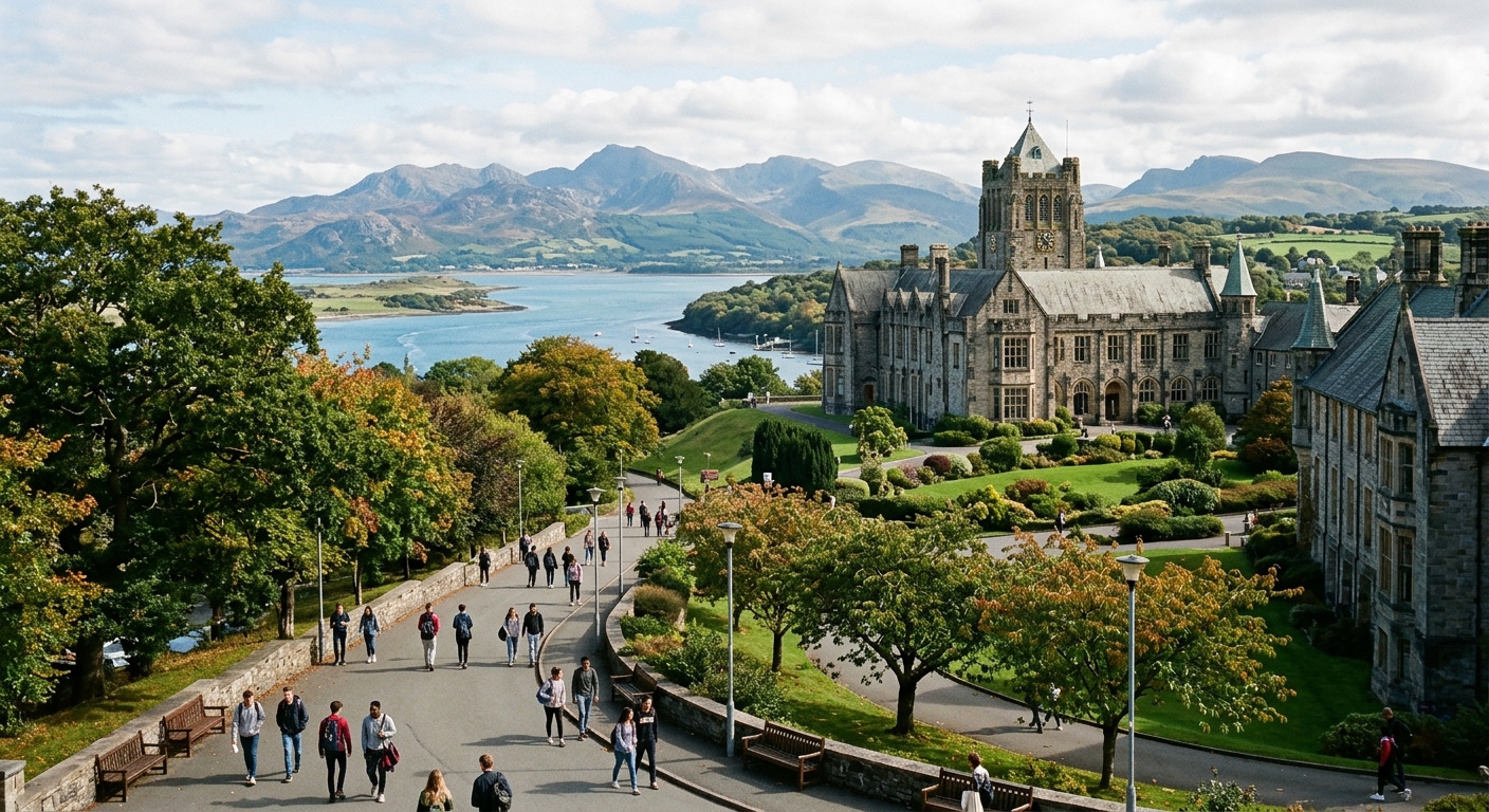 Bangor University campus with historic stone buildings set against the backdrop of Snowdonia mountains and the Menai Strait, students walking along tree-lined paths in North Wales
