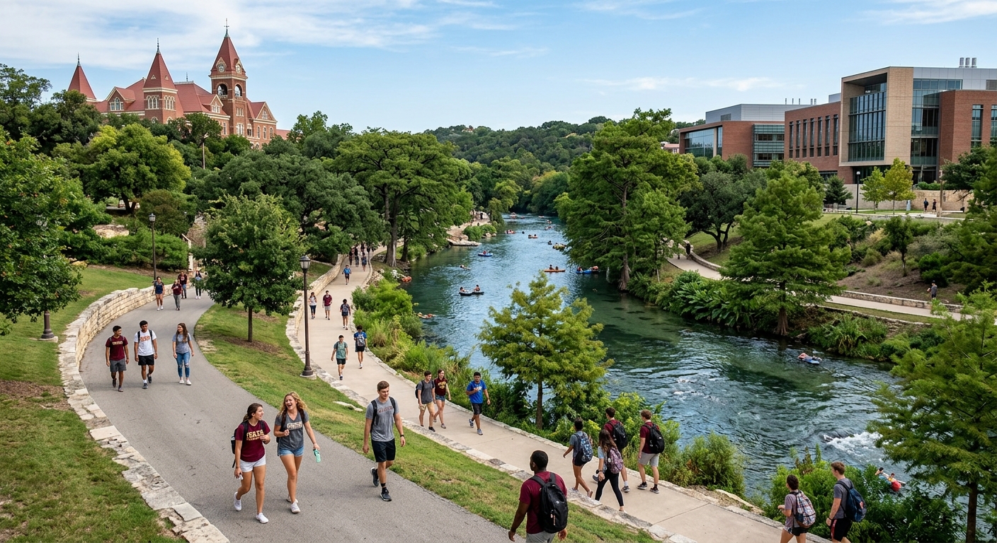 Texas State University campus in San Marcos Texas with the San Marcos River flowing through lush green grounds, historic Old Main building visible, students walking along tree-lined pathways with modern science laboratories in the background