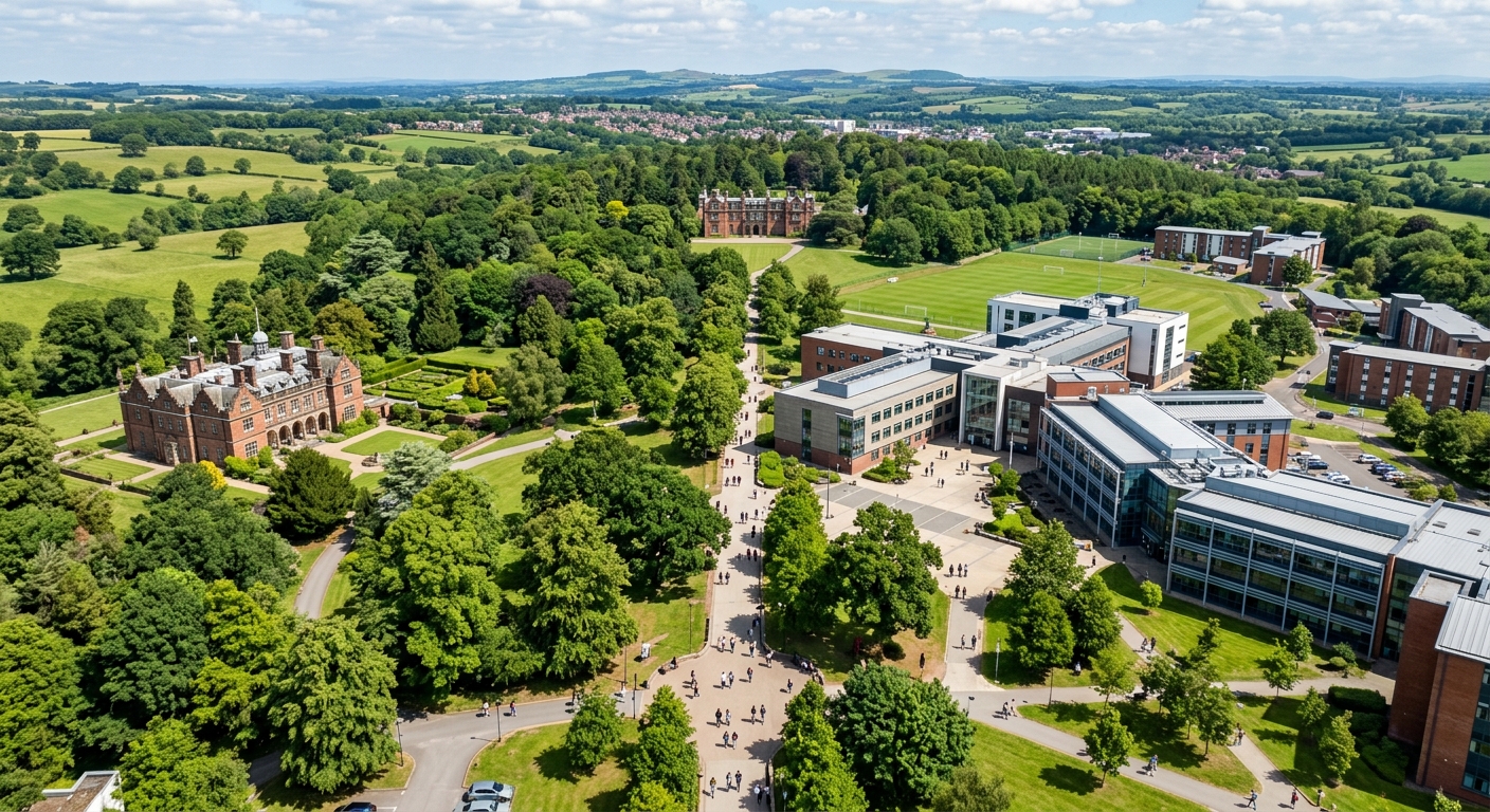 Keele University campus aerial view showing green parkland, modern academic buildings, and students walking along tree-lined paths in Staffordshire, England