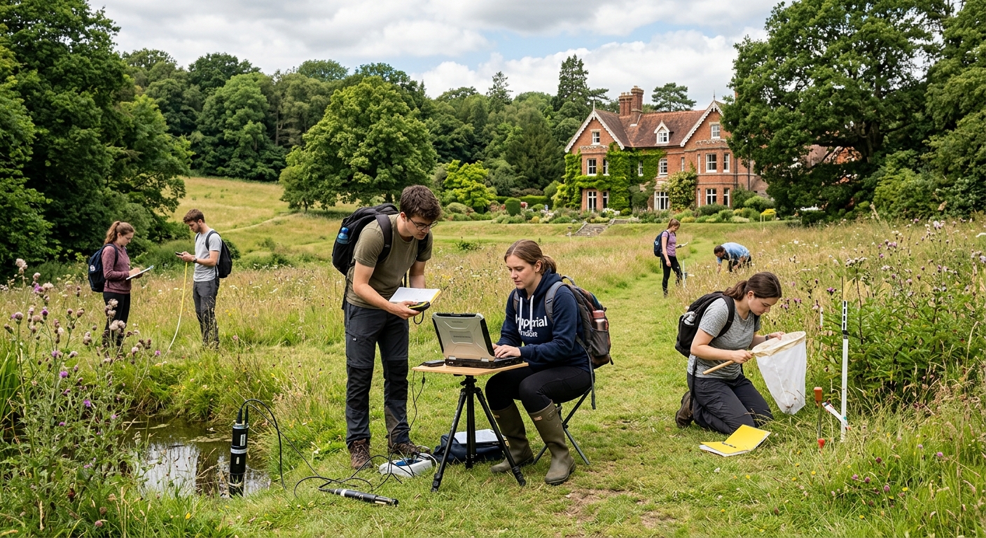 Silwood Park campus at Imperial College London surrounded by lush woodland and meadows, students conducting ecological fieldwork with laptops and scientific equipment, English countryside setting with historic Victorian buildings