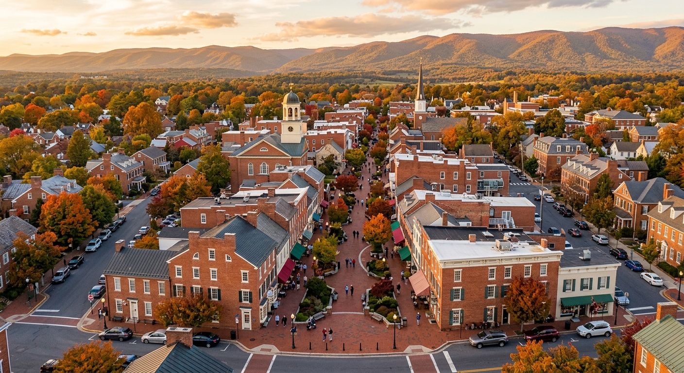Aerial view of Winchester Virginia downtown, historic brick buildings along pedestrian walking mall, Blue Ridge Mountains in the distance, autumn foliage, warm golden hour light