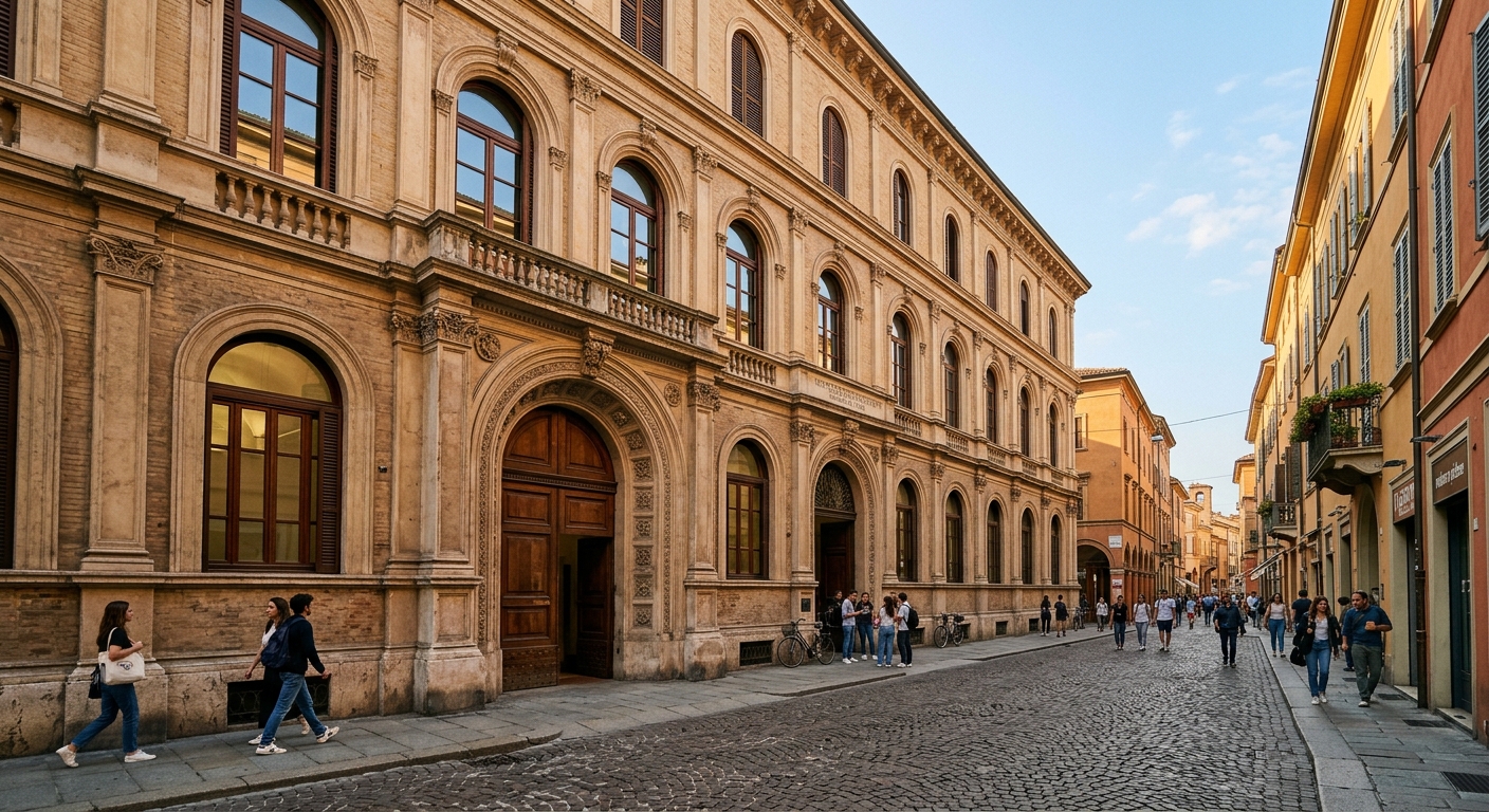 Historic university building facade on Via Universita in Modena, classical Italian architecture with arched windows, cobblestone street, warm Mediterranean light