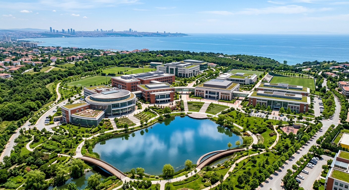 Sabancı University campus wide aerial view in Tuzla Istanbul, modern architectural buildings designed by CannonDesign surrounded by lush green landscape, artificial lake in foreground, Marmara Sea visible in background, clear blue sky