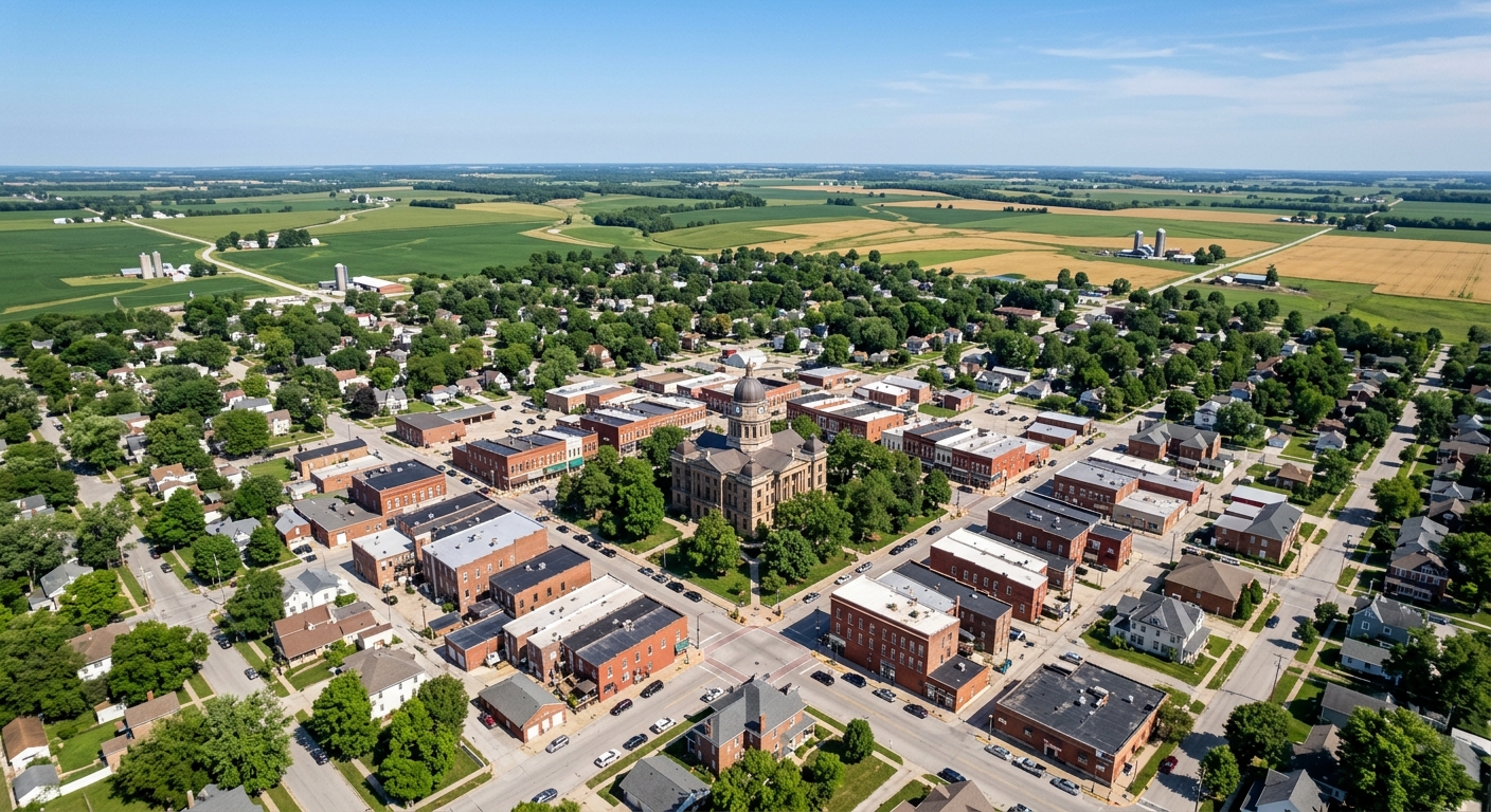 Aerial view of Carlinville Illinois showing the historic Macoupin County Courthouse, tree-lined streets, small-town downtown district, and surrounding farmland under a clear Midwestern sky