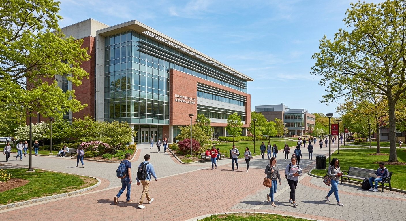 Stony Brook University Frank Melville Jr. Memorial Library, large modern building with glass facade surrounded by trees and walkways, students walking on Academic Mall