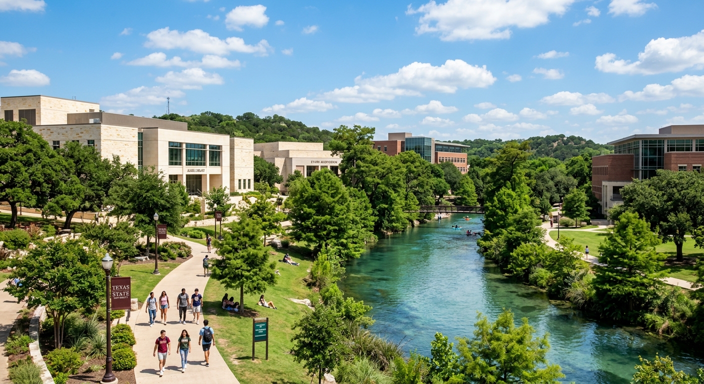 Texas State University campus in San Marcos Texas with the San Marcos River flowing through lush green grounds, students walking along tree-lined pathways, modern academic buildings with limestone architecture under a bright blue Texas sky