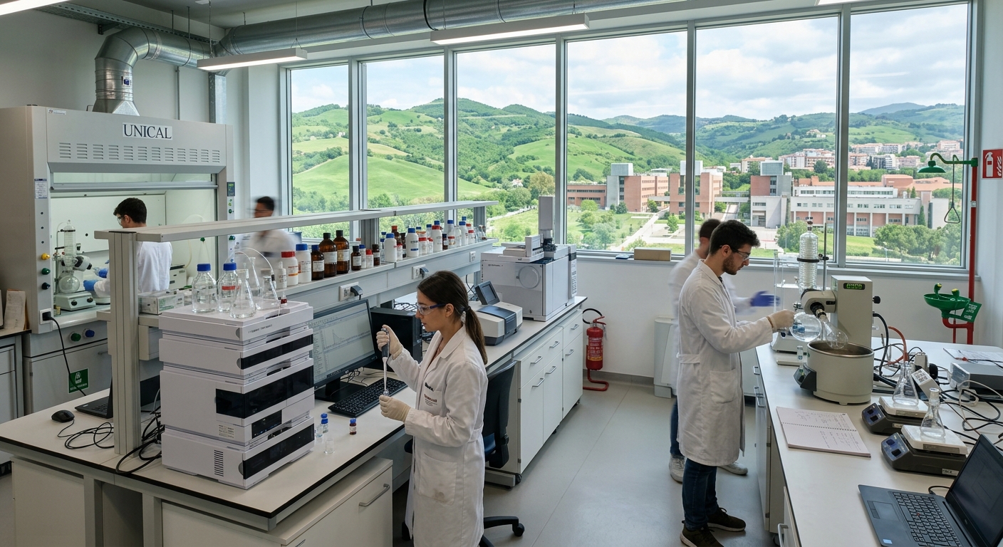 Modern chemistry laboratory at the University of Calabria campus in Rende, Italy, with students conducting experiments using advanced analytical instruments, green hills visible through large windows
