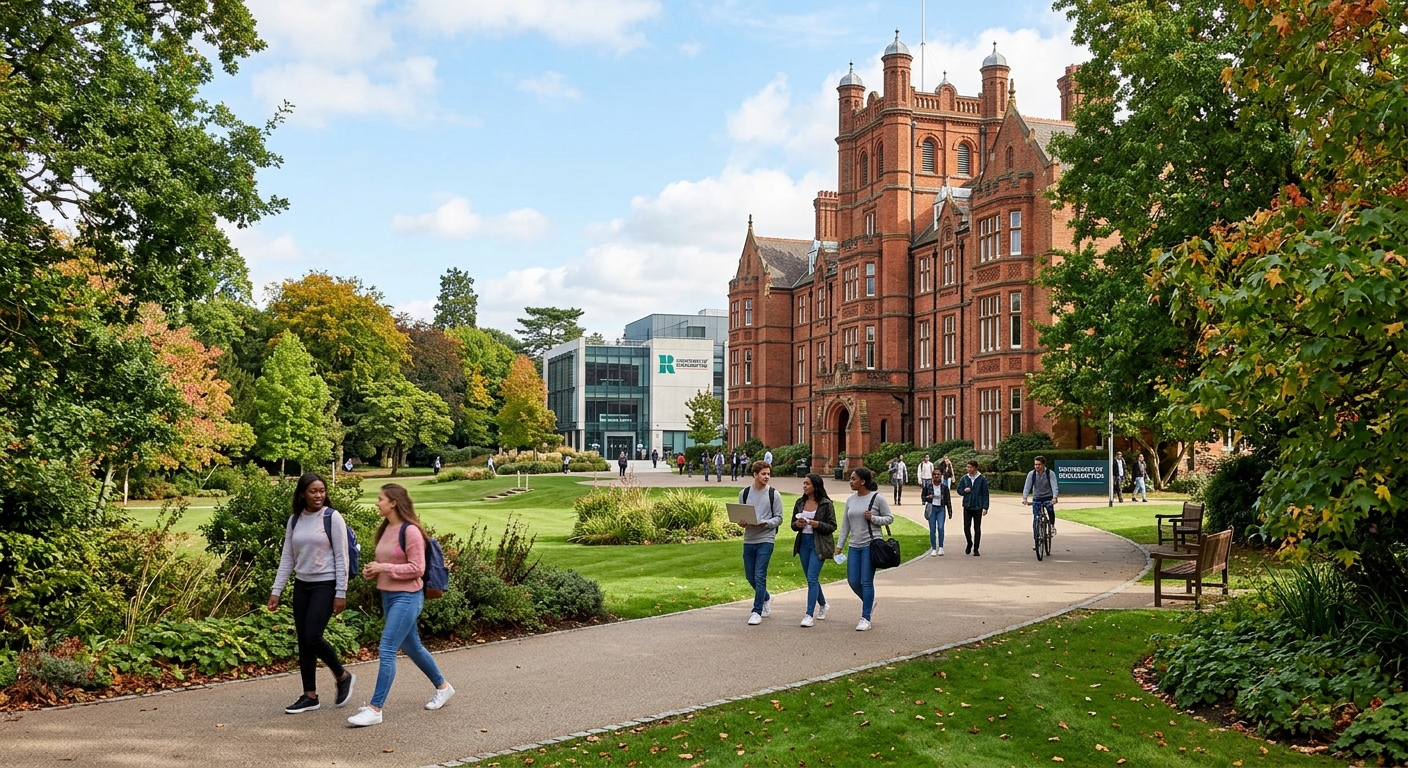 University of Roehampton parkland campus in southwest London, historic red-brick college buildings surrounded by lush green trees, students walking along pathways with modern educational facilities in the background