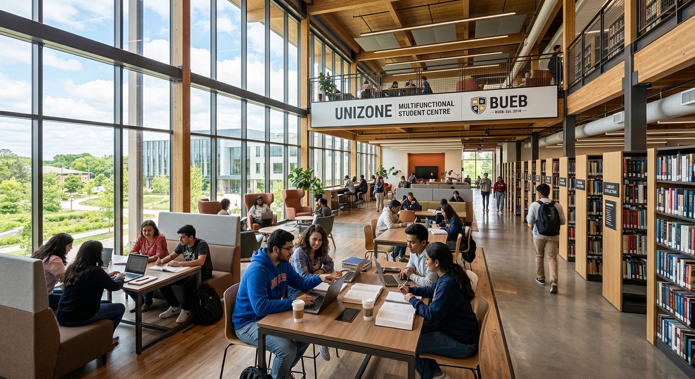 UniZone multifunctional student centre at BUEB, modern interior with open study areas, library shelves, students collaborating at tables, natural light through large windows