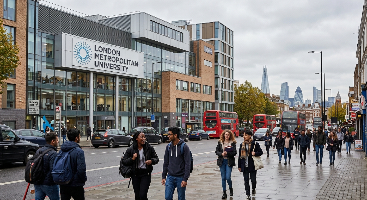 Modern London Metropolitan University campus building on Holloway Road with diverse students walking outside, iconic London cityscape in the background, overcast sky, urban academic setting