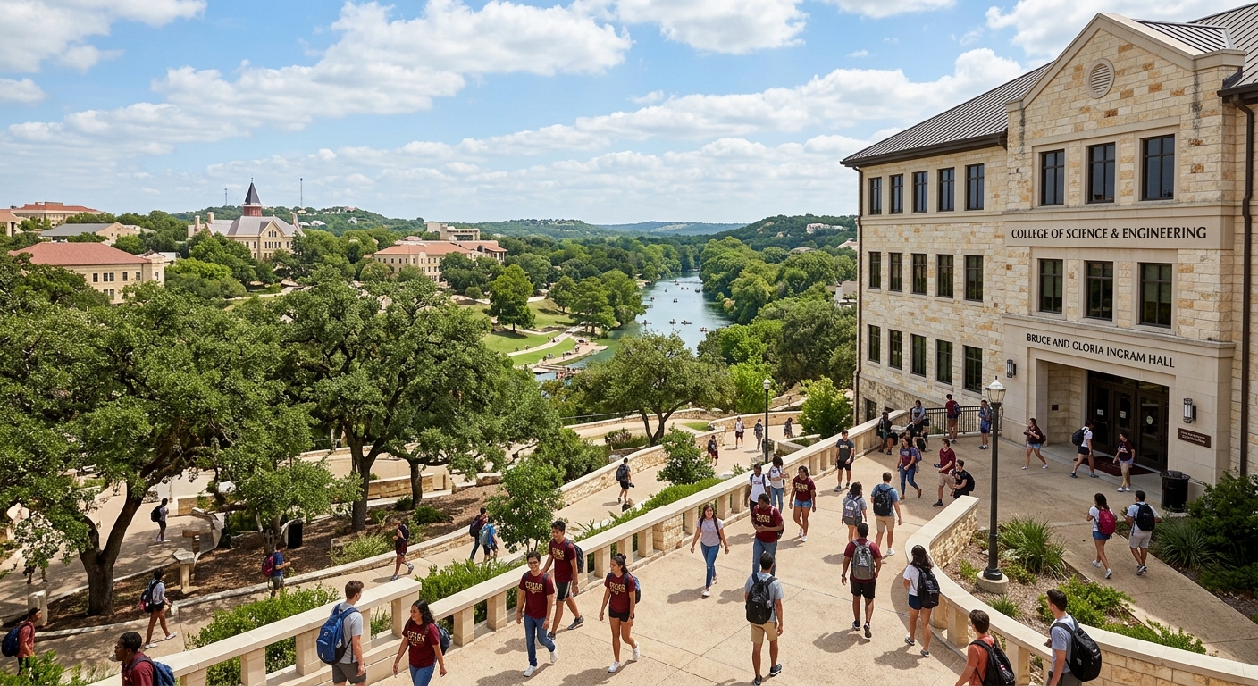 Texas State University campus in San Marcos with rolling hills, traditional architecture, large oak and cypress trees, and the San Marcos River visible in the background, students walking near the College of Science and Engineering building under a bright Texas sky