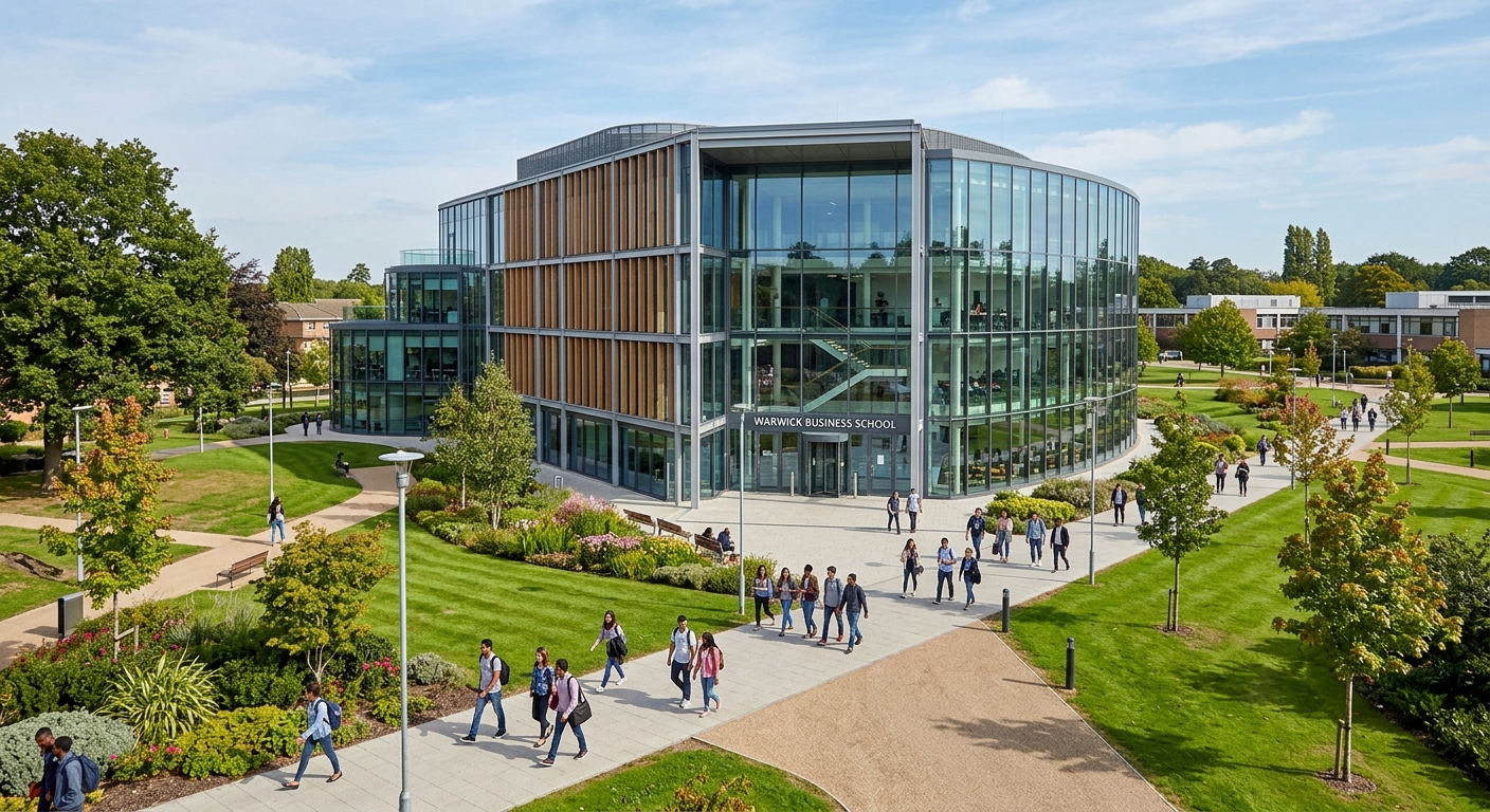 Warwick Business School modern campus building with glass facade surrounded by green landscaped grounds, students walking along pathways, University of Warwick Coventry campus in the United Kingdom