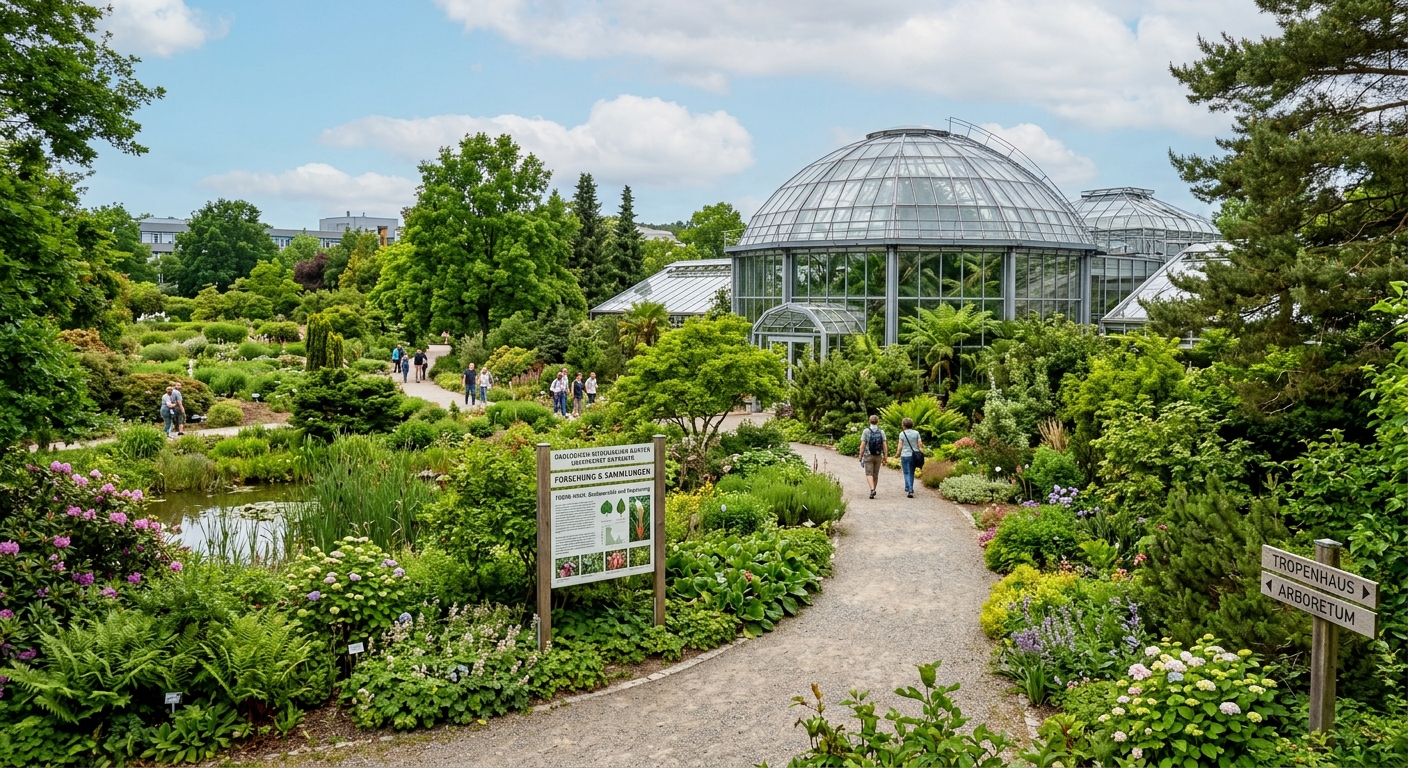 University of Bayreuth Ecological-Botanical Garden with tropical greenhouse, diverse plant collections, walking paths through lush greenery, research signage visible
