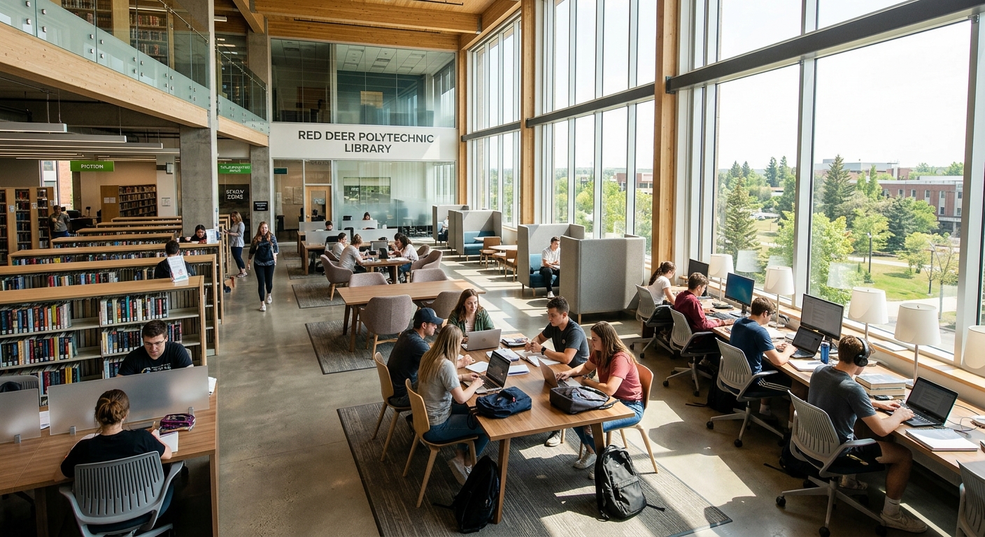 Red Deer Polytechnic library interior, students studying at modern workstations, natural light streaming through large windows, open collaborative spaces