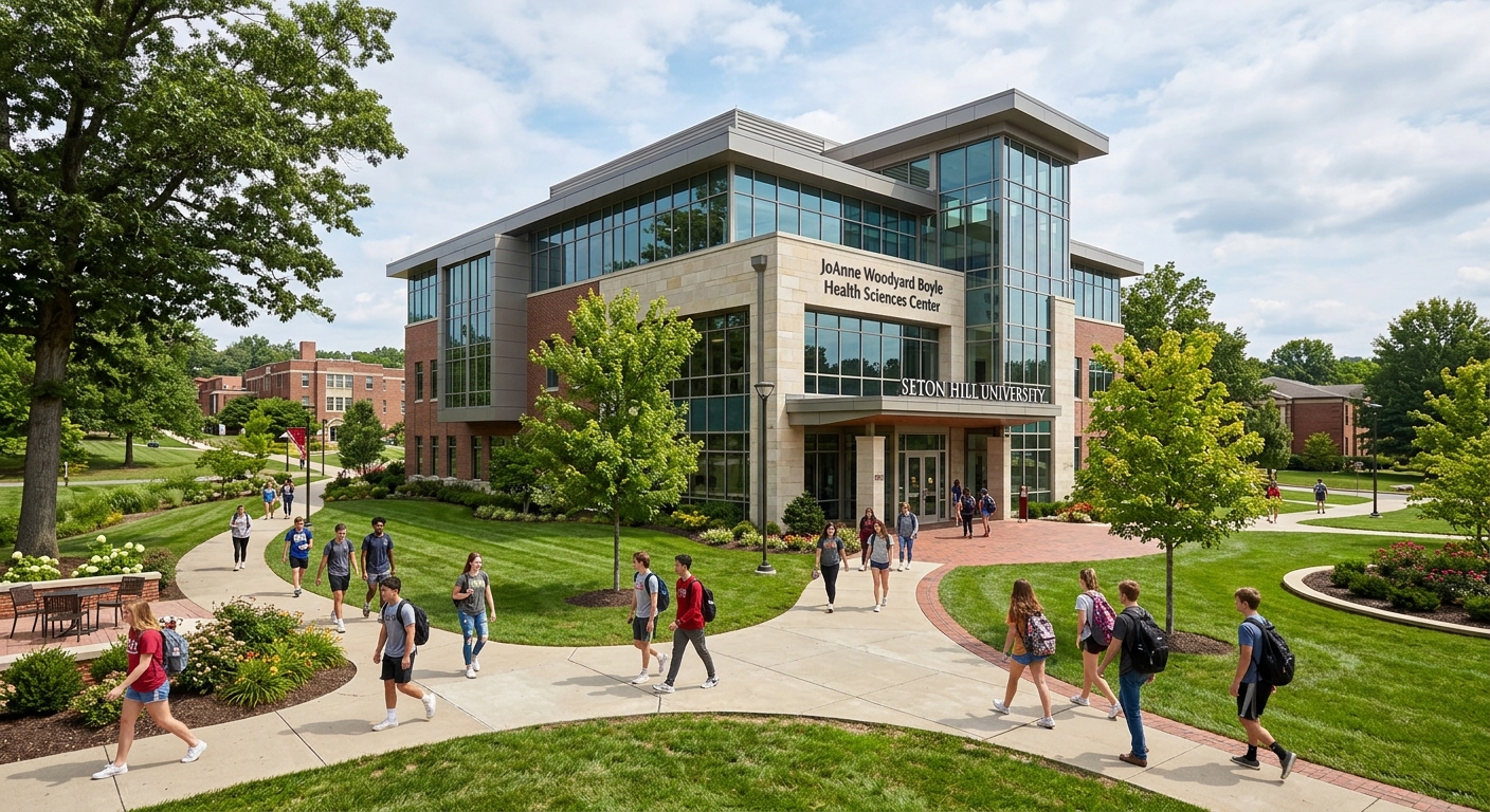 Seton Hill University JoAnne Woodyard Boyle Health Sciences Center, modern academic building, students walking on pathways, green campus grounds