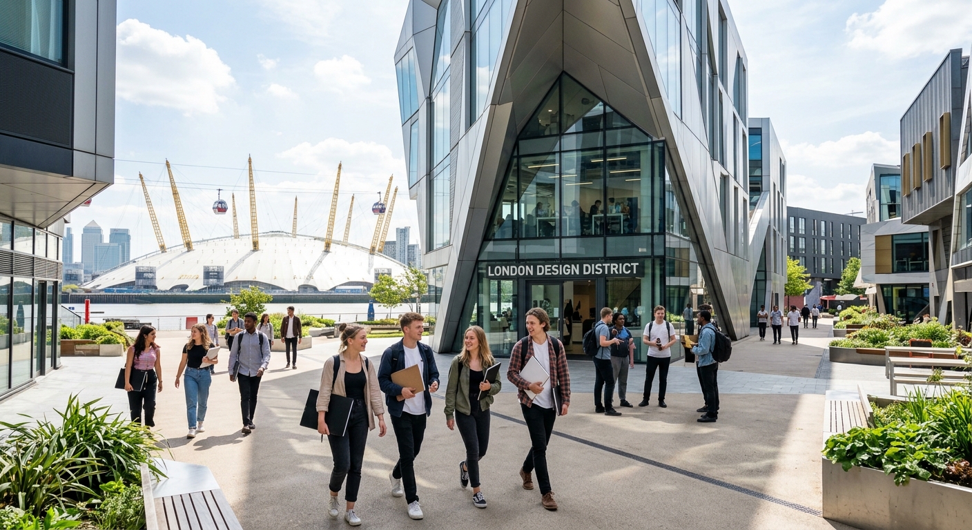 Modern angular glass-and-metal university building on Greenwich Peninsula London with the O2 Arena dome visible in the background, design students walking through the Design District courtyard on a bright day