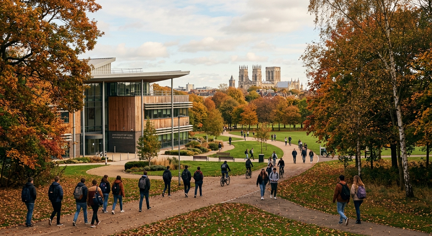 University of York campus with modern mathematics department building, green parkland setting, students walking along tree-lined paths with historic York Minster visible in the distance, autumn atmosphere
