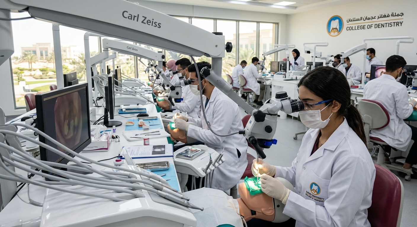 Modern dental clinical training facility at Ajman University College of Dentistry, students in white coats practicing endodontic procedures with dental microscopes, bright clinical lighting, UAE campus setting