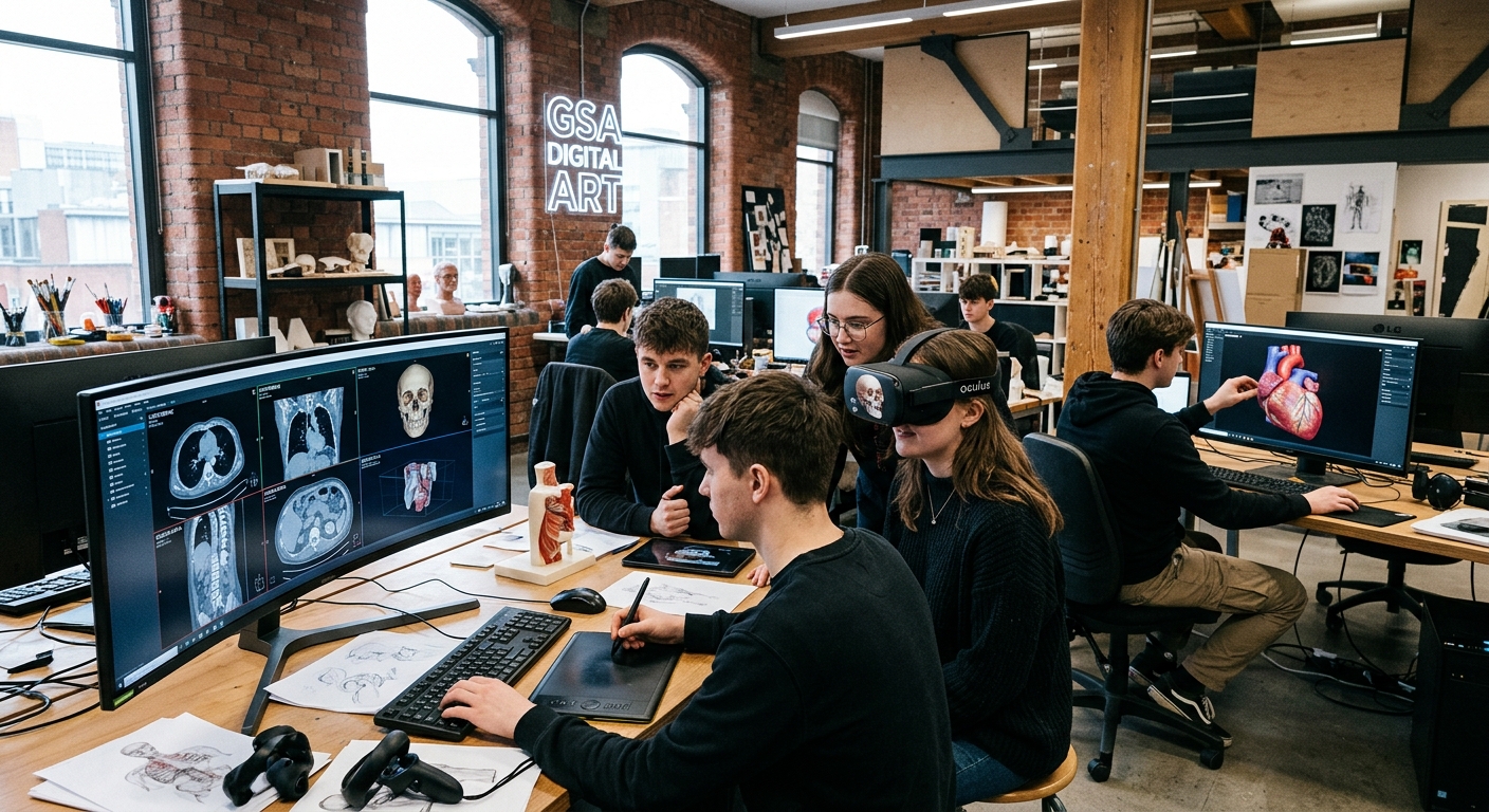 Modern digital studio at Glasgow School of Art with students working on 3D anatomical models, virtual reality headsets, large screens displaying volumetric medical scan data, bright contemporary workspace with exposed brick and creative atmosphere