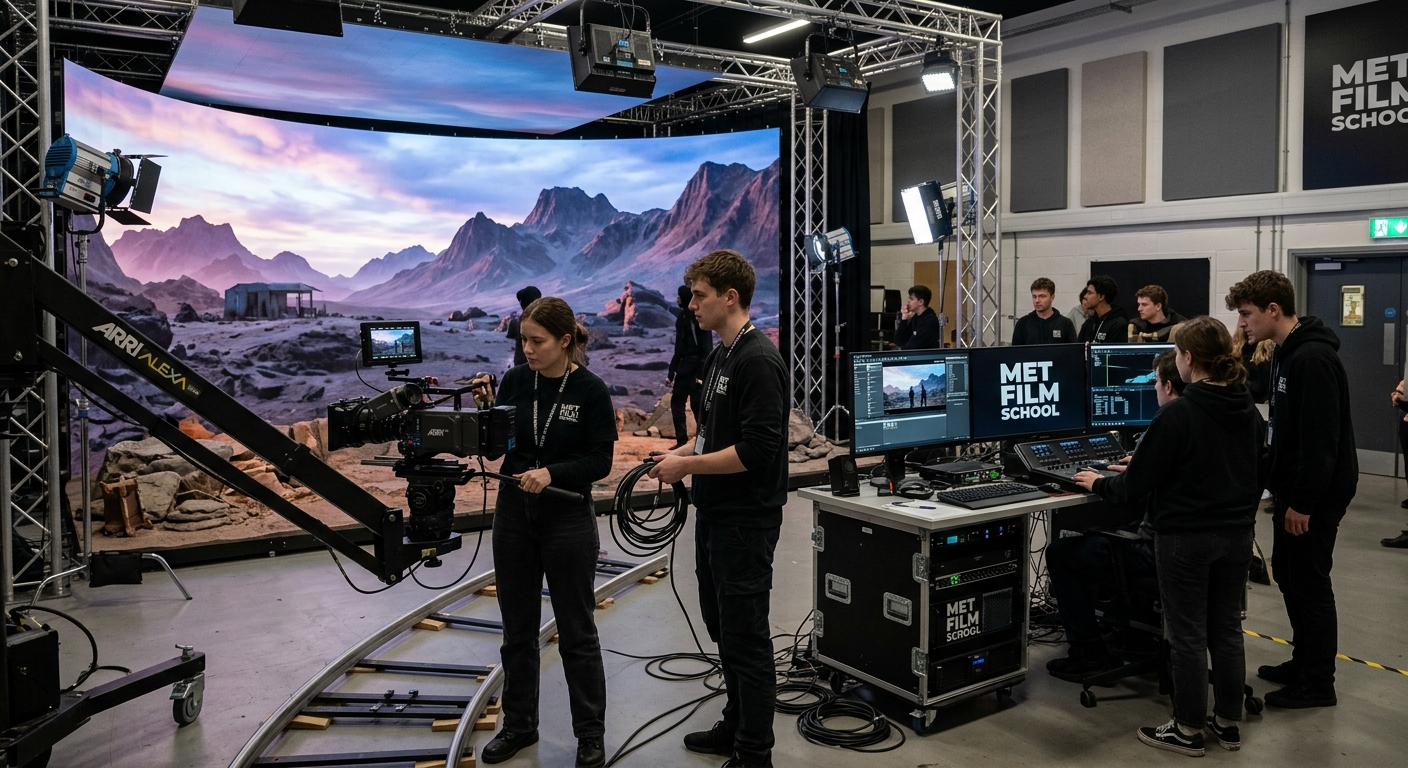 Modern virtual production studio with LED volume wall displaying cinematic environment, students operating cameras and real-time rendering equipment at Met Film School Ealing Studios London
