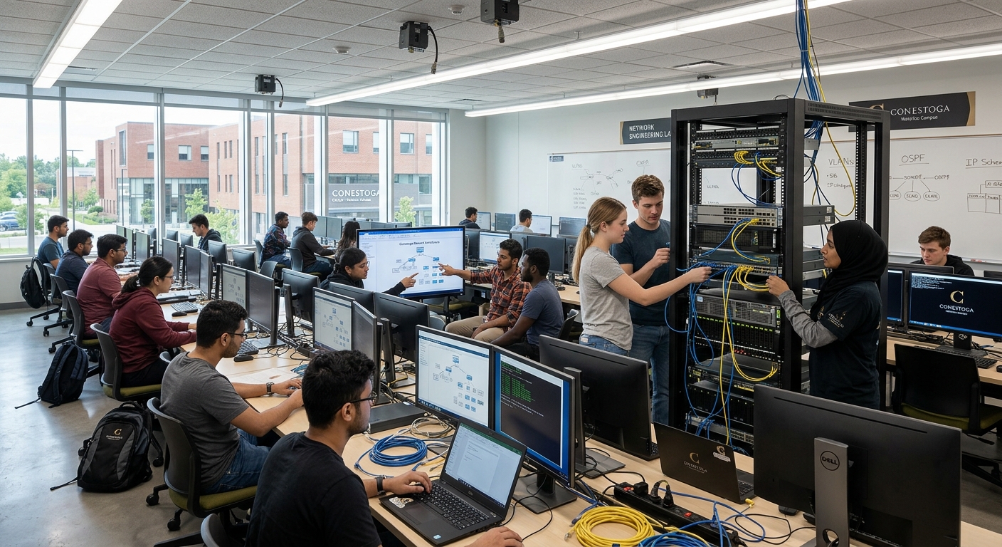 Modern computer lab at Conestoga College with students configuring network equipment and servers, bright overhead lighting, rows of workstations with monitors displaying network diagrams, Waterloo Ontario campus setting