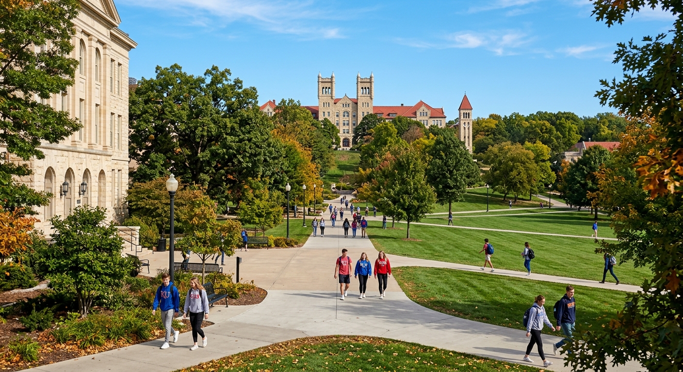 University of Kansas campus in Lawrence with historic limestone buildings, green lawns, and students walking along tree-lined pathways with Jayhawk Hill in the background under a clear blue sky