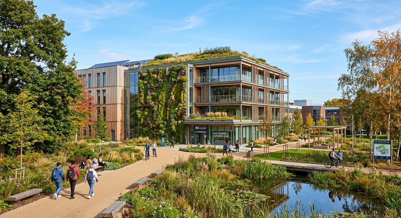 Modern sustainable building with green roof and living walls on the University of Derby campus, surrounded by trees and eco-friendly landscaping under a clear sky