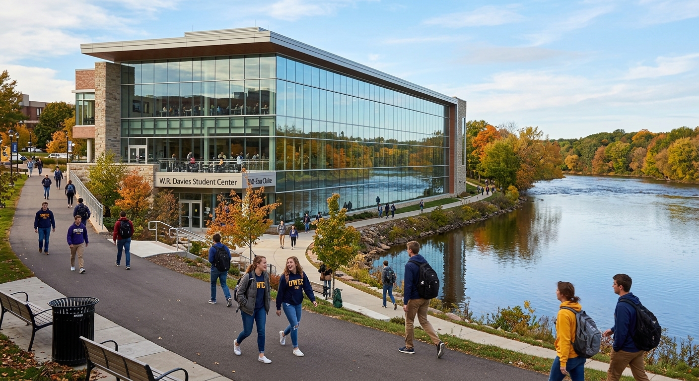 W.R. Davies Student Center modern building at UW-Eau Claire overlooking the Chippewa River, glass facade reflecting water, students walking on pathways