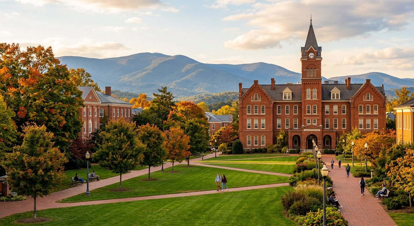 Randolph College campus wide shot featuring historic Main Hall with red brick architecture, tree-lined pathways, lush green lawns, Blue Ridge Mountains in the background, warm afternoon sunlight